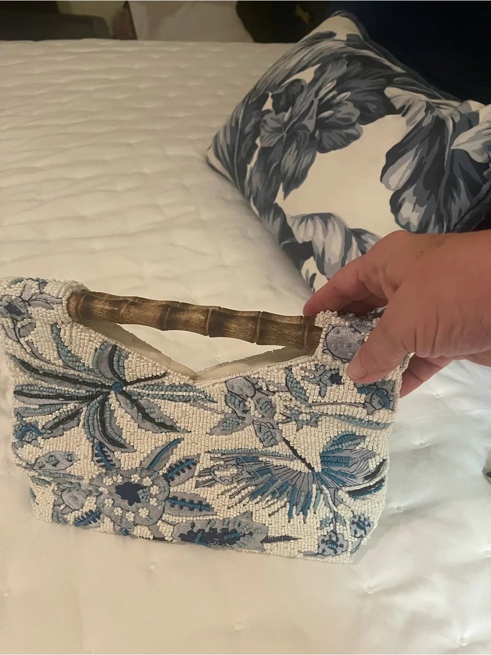 Embellished White & Blue Floral Beaded Handbag with Bamboo Handle